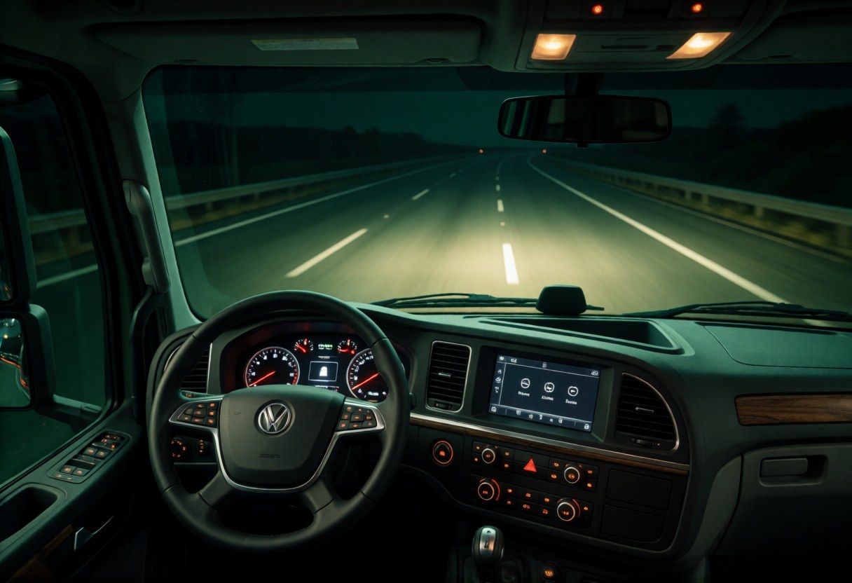 The view from a Rongcales truck cab on the highway at night