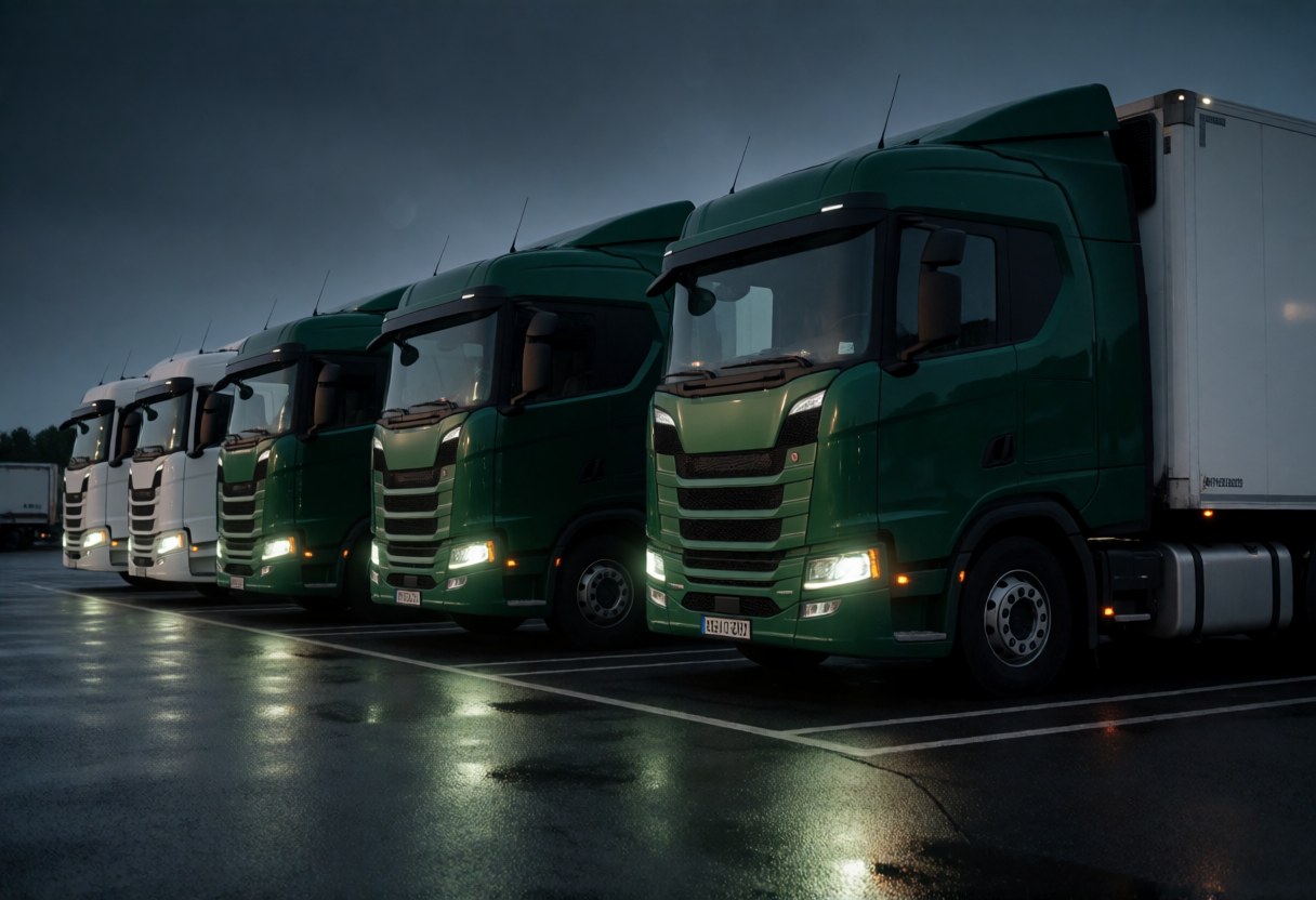 A row of green and white Rongcales trucks parked at the depot at dusk