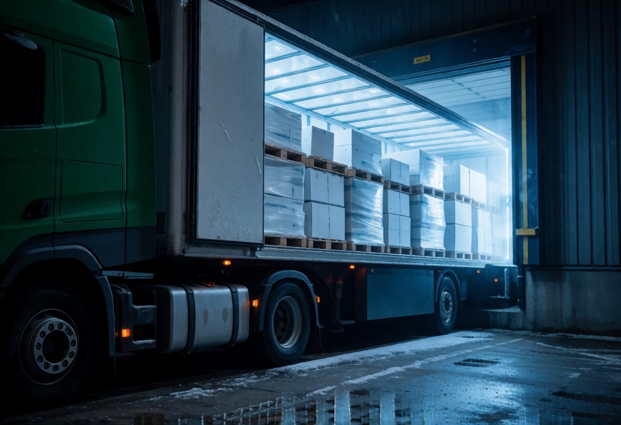 A refrigerated Rongcales trailer at a cold storage loading dock at night